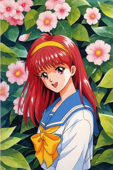 score_9,score_8_up,score_7_up,
Fujisaki Shiori,1girl,solo,long hair,school uniform,retro artstyle,yellow hairband,1990s (style),red hair,serafuku,bow,sailor collar,yellow bow,blue sailor collar,red eyes,leaf,flower,cherry blossom,upper body,smile,open mouth,traditional media,
<lora:Tokimeki Memorial_XL_PONY:0.8>,