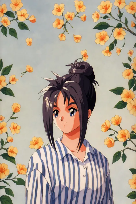 score_9,score_8_up,score_7_up,masterpiece,best quality,
Ayako Katagiri,1girl,solo,1990s (style),retro artstyle,blue eyes,hair bun,single hair bun,smile,black hair,long sleeves,upper body,flower background,vertical stripes,striped,vertical-striped shirt,shirt,
<lora:Tokimeki Memorial_XL_PONY:1>,