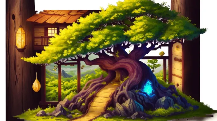 masterpiece, top quality, best quality, official art, beautiful and aesthetic:1.2),(8k, best quality, masterpiece:1.2), <lora:CGgamebuilding gsw_20230706164254:0.6>,CGgamebuilding gsw, tree (Plum colored leaves), intricate foliage <lora:tree:0.7>, no humans, building, window, traditional media, (nature house), cottagecore, in Volcanic Island, Tropical vegetation on lava soil, glowing magma