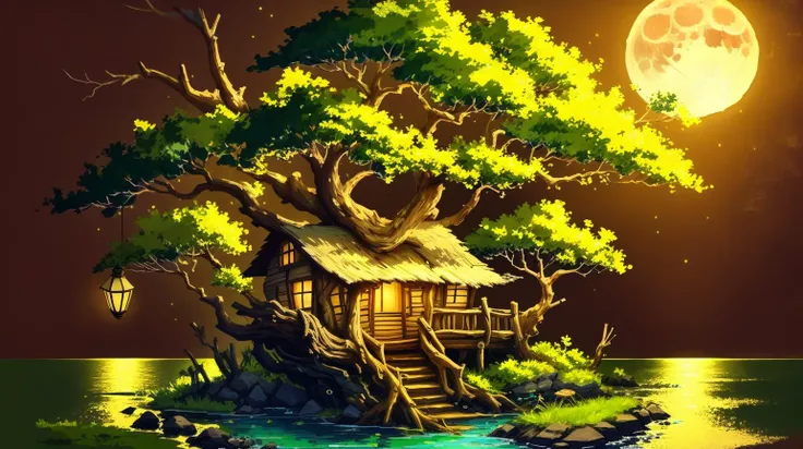 masterpiece, top quality, best quality, official art, beautiful and aesthetic:1.2),(8k, best quality, masterpiece:1.2), <lora:CGgamebuilding gsw_20230706164254:0.6>,CGgamebuilding gsw, tree (Lime colored leaves), intricate foliage <lora:tree:0.7>, no humans, building, window, traditional media, (nature house), cottagecore, in Mangrove Swamp, Tidal wetland with stilt-rooted trees, lanterns of bioluminescent plankton in the moonlit water