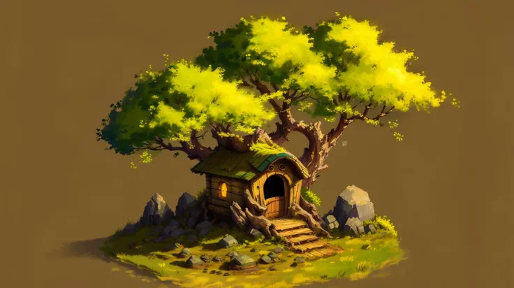 masterpiece, top quality, best quality, official art, beautiful and aesthetic:1.2),(8k, best quality, masterpiece:1.2), <lora:CGgamebuilding gsw_20230706164254:0.6>,CGgamebuilding gsw, tree (Chartreuse colored leaves), intricate foliage <lora:tree:0.7>, no humans, building, window, traditional media, (nature house), cottagecore, in Pumice Plain, Volcanic landscape with scattered vegetation, fluffy clouds casting shadows on the stark terrain