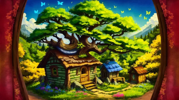 masterpiece, top quality, best quality, official art, beautiful and aesthetic:1.2),(8k, best quality, masterpiece:1.2), <lora:CGgamebuilding gsw_20230706164254:0.6>,CGgamebuilding gsw, tree (Moss green colored leaves), intricate foliage <lora:tree:0.7>, no humans, building, window, traditional media, (nature house), cottagecore, in Alpine Meadow, Wildflowers in full bloom, butterflies flitting under a clear blue sky