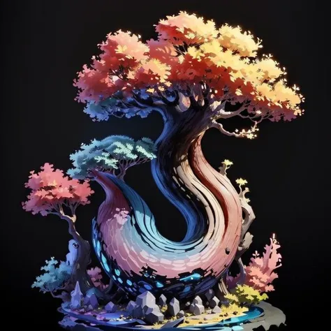 (black background:1.3) (simple background:1.3), far shot ((best quality)), tree, 8k, tree Pink colored leaves, intricate foliage <lora:tree:0.6>
(masterpiece:1.2), (concept art:1.2), high detail, sharp details
(Euphoric ripples:1.3) (abstraction:1.1) (celestial:0.9)
glass figurine <lora:crystallthings:0.7>
