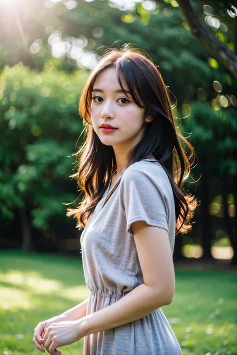Produce the highest quality and highest resolution 8K images。Please draw the upper body of a 20 year old Japanese woman.。Please draw a picture of a person walking along a seaside promenade at sunset.。She has brown eyes and a model figure.、She has an idol-level cute face.。The hair is wavy。What to wear、Orange short sleeve T-shirt and pants。Skin has a healthy color。