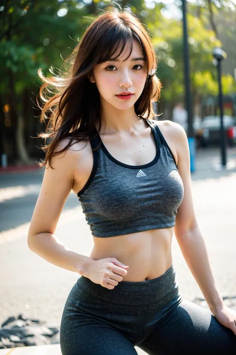 1 girl, (Mature Woman, Running Field, fast:1.3, Raise your right leg, trekking:1.2), She is wearing white sports leggings and a sports tank top, (Fine grain, Highly detailed face), (Ultra-high resolution, 8k RAW photo, Ultra-realistic, Fabric Shading), Outdoor, ((Correct Anatomy:1.37)), Center image, Front view, Dynamic Angle, blurred background, Bokeh,