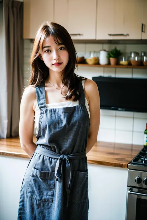 (best quality:1.4), (ultra highres:1.2), (photorealistic:1.4), (8k, RAW photo:1.2),(portrait shot:1.3), nenie_cgm48, 1girl, solo, long hair, brown hair, bokeh, depth of field, indoors, apron, kitchen, kitchen knife, <lora:nenie_cgm48-000006:0.5>