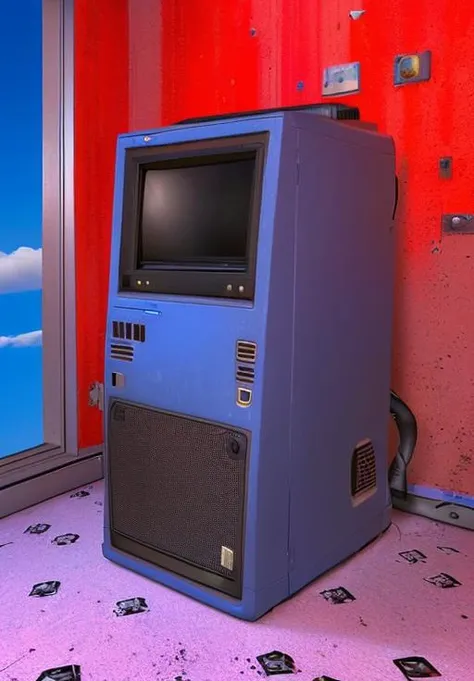 dreamcore,blue_sky,scenery,(old computer in the room:1.4),realistic,high contrast,building, dirty, (eyes on the wall:1.1), computer, neon colors, dream, 80s