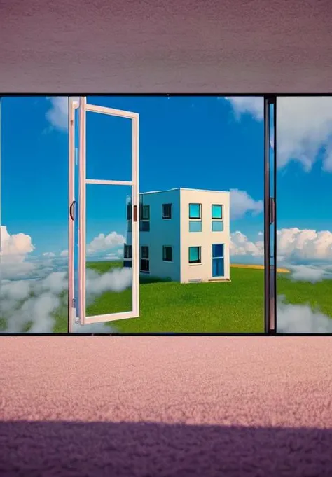 dreamcore,blue_sky,scenery,(indoor),realistic,high contrast,building, grass,window, computer, neon colors, dream, 80s