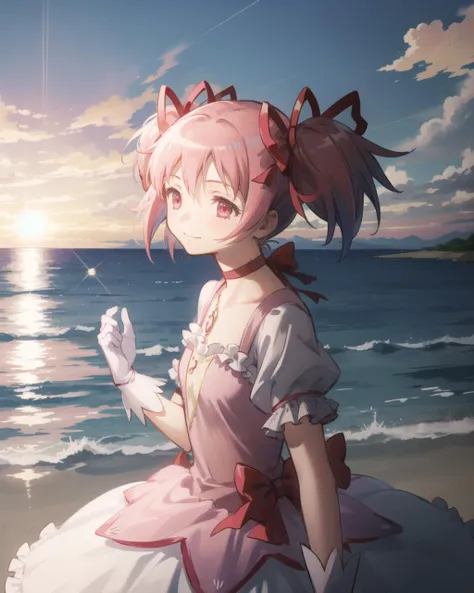 masterpiece, high quality, 1girl, kaname madoka, solo, pink hair, short hair, twintails, pink eyes, gloves, magical girl, choker, puffed skirt, (dynamic shot), light smile, white background, close shot, upper body, <lora:madoka:0.9>, <lora:megucastyle:0.9>, outdoors, beach, evening, sunglare, sky, clouds