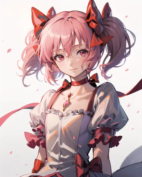 masterpiece, high quality, 1girl, kaname madoka, solo, pink hair, twintails, pink eyes, gloves, magical girl, choker, hands behind back, puffed skirt, (dynamic shot), light smile, white background, hands behind back, detailed hands, close shot, upper body, <lora:madoka:0.9>