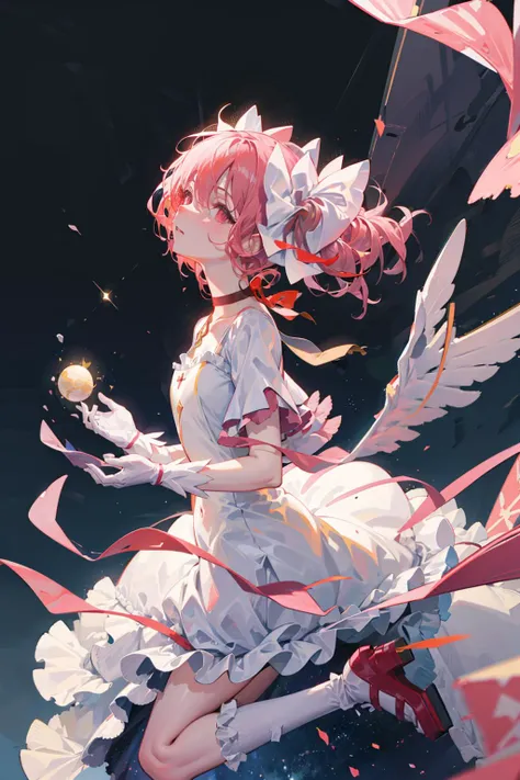 orion,planet,stars,1girl,pink hair ,red bow,pink eyes, kaname madoka,twintails,gloves, magical girl, choker, <lora:madoka:1>,short dress,