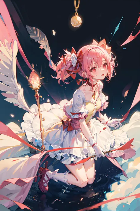 orion,planet,stars,1girl,pink hair ,red bow,pink eyes, kaname madoka,twintails,gloves, magical girl, choker, <lora:madoka:1>,short dress,