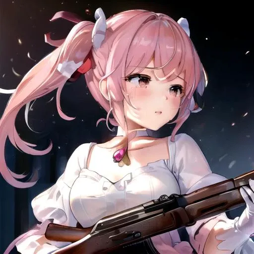(masterpiece:1.3), (best quality), (highres) (extremely detailed CG, ultra-detailed, best shadow), ((depth of field)), (extremely fine and beautiful), (perfect details), best quality, aesthetics, official art, ((intricate details)), detailed background, ((detailed skin)), ((detailed hair)), <lora:madoka:0.85> 1girl, kaname madoka, solo, pink hair, twintails, tears, pink eyes, gloves, magical girl, outstretched arms, choker, (medium breasts1.1) <lora:ak47_7:0.7> ((AK-47)), ((AKM)), ((kalashnikov_rifle)), ((assault_rifle)), ((holding_gun))