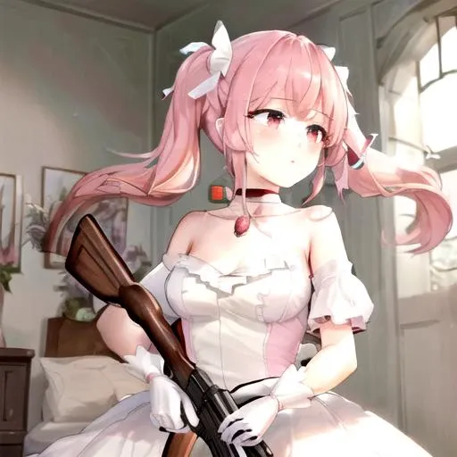 (masterpiece:1.3), (best quality), (highres) (extremely detailed CG, ultra-detailed, best shadow), ((depth of field)), (extremely fine and beautiful), (perfect details), best quality, aesthetics, official art, ((intricate details)), detailed background, ((detailed skin)), ((detailed hair)), <lora:madoka:0.75> 1girl, kaname madoka, solo, pink hair, twintails, tears, pink eyes, gloves, magical girl, outstretched arms, choker, (medium breasts1.1) <lora:ak47_7:0.65> ((AK-47)), ((AKM)), ((kalashnikov_rifle)), ((assault_rifle)), ((holding_gun))