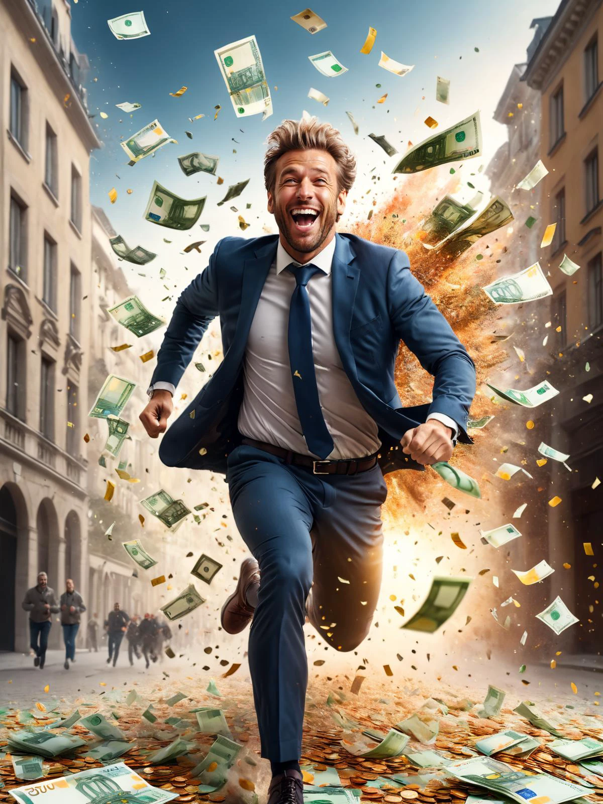 (euro-bills:1.4), (city:1.4), laughing man running through money explosion, <lora:Confetti_Explosion_SDXL:0.6> <lora:great_lighting:1> great lighting <lora:photorealistic_portrait:1> photorealistic portrait <lora:sd_xl_dpo_lora_v1:1> <lora:RMSDXL_Creative:1>, RAW photo, subject, 8k uhd, dslr, soft lighting, high quality, film grain, Fujifilm XT3