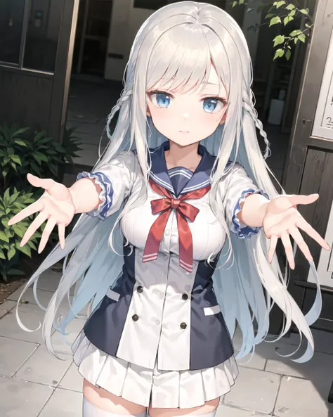 <lora:morino_seika_publish:0.7>,1girl, solo, long hair, butterfly hair ornament,blue eyes,bangs, braid, very long hair, short sleeves, blush, blue bow,breasts,outdoors, white thighhighs, school uniform, <lora:incomingHug_v10:1.2:action>,incoming hug,