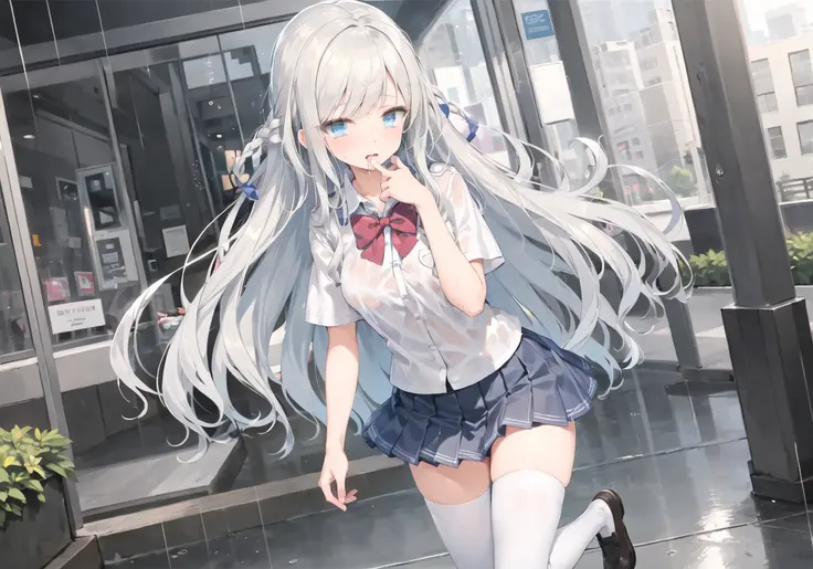 <lora:morino_seika_publish:0.7>,1girl, solo, long hair, butterfly hair ornament,blue eyes,bangs, braid, very long hair, short sleeves, blush, blue bow,breasts,outdoors, white thighhighs, school uniform, crying with eyes open,rain, wet clothes, (city:1.2),running,