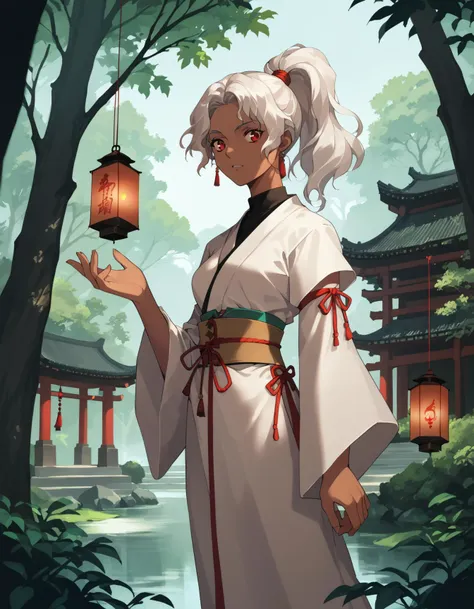 score_9,  score_8_up, score_7_up <lora:rita-ponyxl-000025:1> wwrita, red eyes, white hair, ponytail, dark-skinned female, fashion,
1girl, architecture, east asian architecture, forest, lantern, nature, outdoors, solo, tree