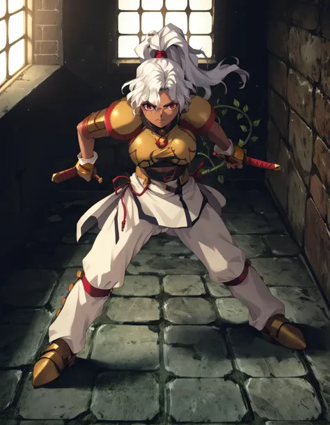 score_9,  score_8_up, score_7_up <lora:rita-ponyxl-000025:1> wwrita, red eyes, white hair, ponytail, dark-skinned female, fashion,
battle, brick wall, dungeon, fighting stance, from above, holding weapon, legs apart, two-handed, vines, window