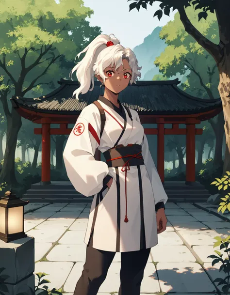 score_9,  score_8_up, score_7_up <lora:rita-ponyxl-000025:1> wwrita, red eyes, white hair, ponytail, dark-skinned female, streetwear,
1girl, architecture, east asian architecture, forest, lantern, nature, outdoors, solo, tree