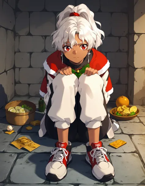 score_9,  score_8_up, score_7_up <lora:rita-ponyxl-000025:1> wwrita, red eyes, white hair, ponytail, dark-skinned female, streetwear,
cabbage, christmas, dungeon, kotatsu, sitting, solo