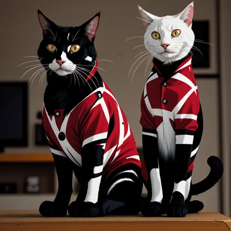 RAW photo, best quality, a cat, wearing red and white and black EVH design suit <lora:EVH_Style:1>