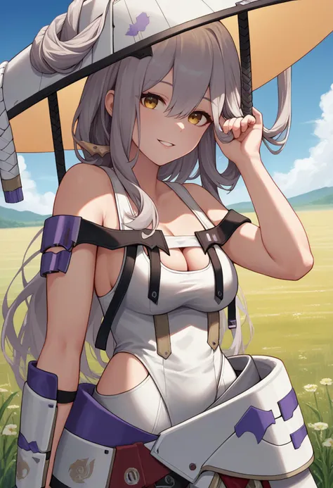 score_9, score_8_up, score_7_up, source_anime, BREAK 1girl, solo, <lora:scarlet-nikke-richy-v1_pdxl:1> scrltdef, yellow eyes, long hair, grey hair, hair ornament, hat, hat ornament, chest strap, white leotard, cleavage, bare shoulders, single shoulder pad, hip armor, looking at viewer, smile, parted lips, standing, adjusting hair, breasts, outdoors, field, blue sky