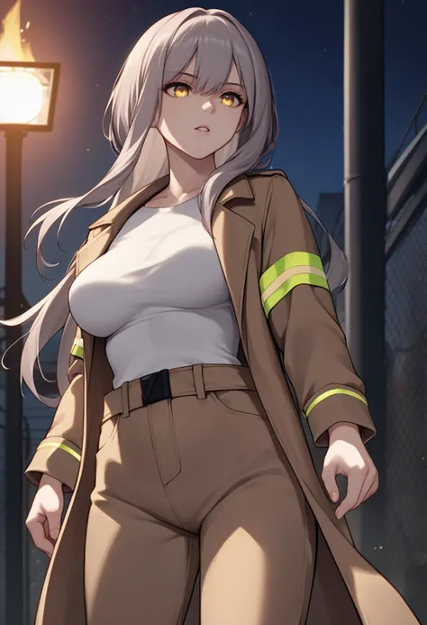 score_9, score_8_up, score_7_up, source_anime, BREAK 1girl, solo, <lora:scarlet-nikke-richy-v1_pdxl:1> scrltrnd, yellow eyes, long hair, bangs, grey hair, breasts, firefighter, brown coat, brown pants, parted lips, dark, darkness, night, night sky