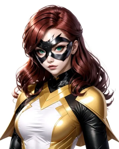 woman, red hair, green eyes,(DominoMask:1.2), white and gold costume, hero, detailed eyes, white backdrop,  <lora:SN DominoMask:1>