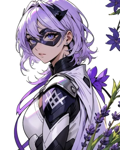 woman, white hair, lavender and white costume armor, (lavender DominoMask:1.3), detailed eyes, white backdrop, <lora:SN DominoMask:1>