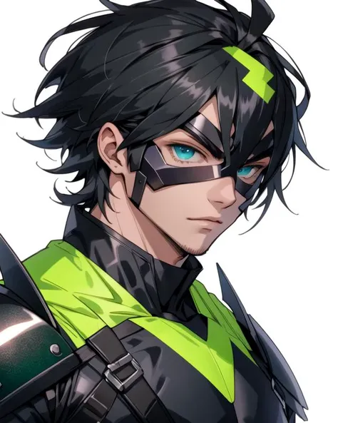 man,short black hair, blue eyes, black and dark green costume armor, (DominoMask:1.1), detailed eyes, white backdrop, <lora:SN DominoMask:1>