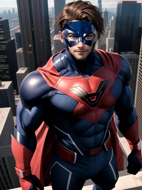 Man, (dark blue and black superhero suit:1.2), (blue DominoMask:1.2), bracers, gloves, long sleeves, short brown hair, blue superhero mask, red superhero cape, muscular, bulky large body, square jaw, chiseled jaw, (simple design:1.1), Caucasian, masculine, clean shaven, 
standing on skyscrapers roof top, skyscrapers, superhero, modern, looking at viewer, detailed eyes, 
(masterpiece:1.2) (best quality:1.2) (detailed) (8k) (HDR) (cinematic lighting) (sharp focus), 
 <lora:Muscular-10:0.6>  (EasyMalePortrait:0.7)   <lora:SN DominoMask:0.6>