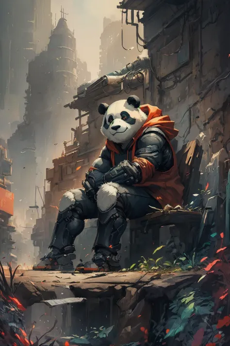 (a cyborg anthropomorphic giant panda male furry is sitting solo on bench, hands on own chin, He has very fluffy fur on cheek and animal head, mechanical arms and hands, mechanical legs and boots, He wears a short sleeves red hoodie with both proud and serious on his face, His eyes are black and shine and looking afar:1.1), 
BREAK in the street, backlighting, masterpiece, best quality, realistic, illustration, medium shot, dutch angle