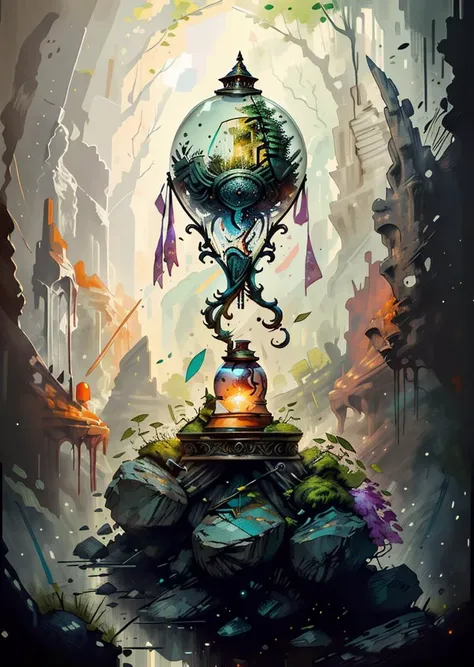 `Epic style ((a forest inside of a hourglass)), Moss, tress, rocks, an intricate and hyperdetailed digital artwork by Ismail Inceoglu, art of Wlop, Wilhelm Fick Aleksi Briclot, Colin Murray