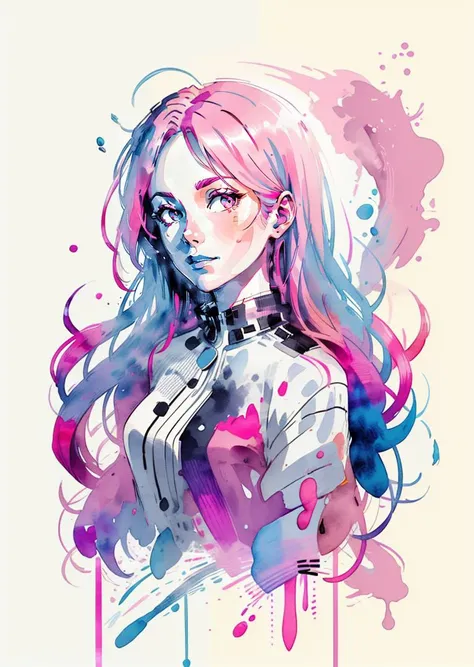 (extremely bright:1.1), white background, [1girl::7], (long hair, pink hair:1.1), white jacket, (head tilt:1.2), ([sketch|watercolor (medium)]:1.15), (inkblot:1.1), (pale:1.2), chaotic abstract background, vector trace, gradient blending, extremely detailed, intricate, (extremely low contrast:1.4)