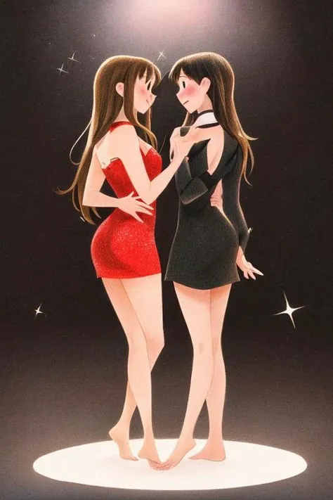 2girls, tohsaka rin, blush, shibuya rin, standing, The Glittering Showstopper: Adorned in shimmering rhinestones and sparkles from head to toe, she steals the spotlight with her dazzling performance, leaving the audience in awe,
barefoot,
<lora:Genevievegodbout:0.8>