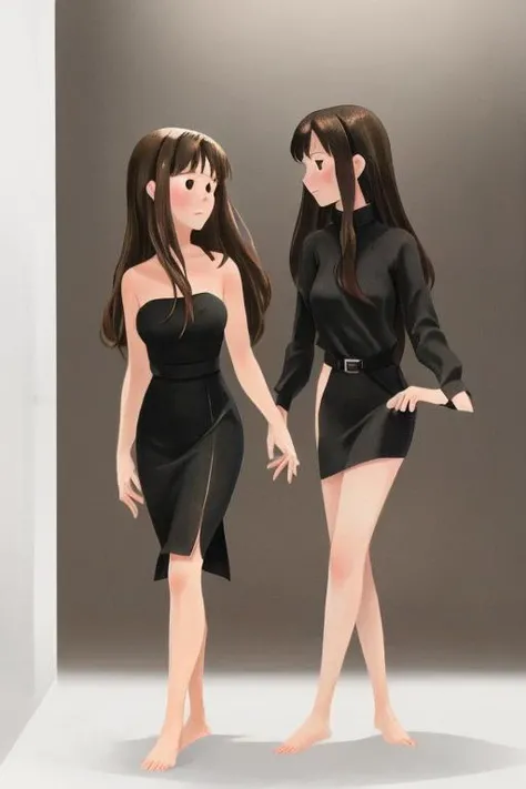 2girls, tohsaka rin, blush, shibuya rin, standing, The Femme Fatale: In a sleek, form-fitting black dress, she exudes an air of mystery and danger as she entrances the audience with her smoldering gaze,
barefoot,
<lora:Genevievegodbout:0.8>