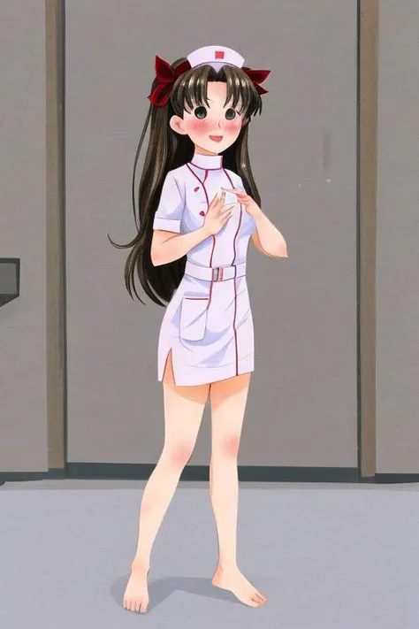1girl, solo, tohsaka rin, blush, standing, full body, The Naughty Nurse: Wearing a revealing nurse costume, she playfully tends to her "patient" while leaving little to the imagination,  
barefoot, 
 <lora:Genevievegodbout:0.7>