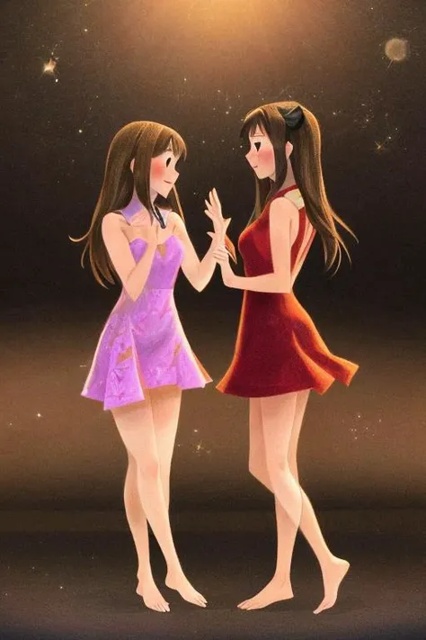 2girls,  tohsaka rin, blush, shibuya rin,  standing,  The Glittering Showstopper: Adorned in shimmering rhinestones and sparkles from head to toe, she steals the spotlight with her dazzling performance, leaving the audience in awe,  
barefoot, 
 <lora:Genevievegodbout:0.8>