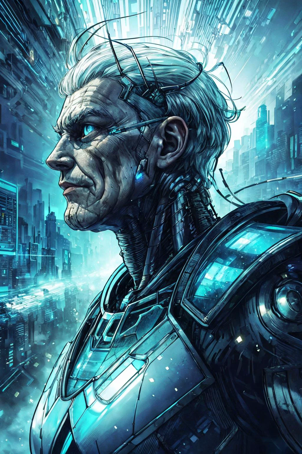 (best quality, masterpiece:1.2), 8k detailed cgi render, thick outlines, strong shadows, <lora:add_detail:0.75>,
(1man, old male:1.2), wise, blue eyes, white hair, high-fade,
portrait, solo, (full body:0.6), looking up, detailed background, detailed face, (<lora:RetroFuturismAI:0.6>, RetroFuturismAI, retro-futurism theme:1.1), intense expression, glass-cyborg, (made of glass:1.1), translucent, glass construct, titan, gemstone armor, dirty glass, power source, magical symbols, mystic power, floating particles, reflections, storm in background, cinematic atmosphere,
<lora:marker:0.2>,
