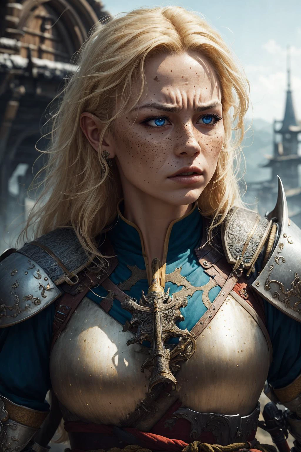 photorealistic, 35mm, intricate details, hdr, intricate details, hyperdetailed, natural skin texture, hyperrealism, sharp,
1 girl, adult (elven:0.7) woman, freckles, blue eyes, yellow hair flaps,
portrait, solo, (full body:0.6), looking up, detailed background, detailed face, (high fantasy medieval theme:1.1), shogun, white samurai armor, dynamic pose, angry, samurai crest, battlefield in background, wind, cinematic atmosphere,
<lora:marker:0.2>,