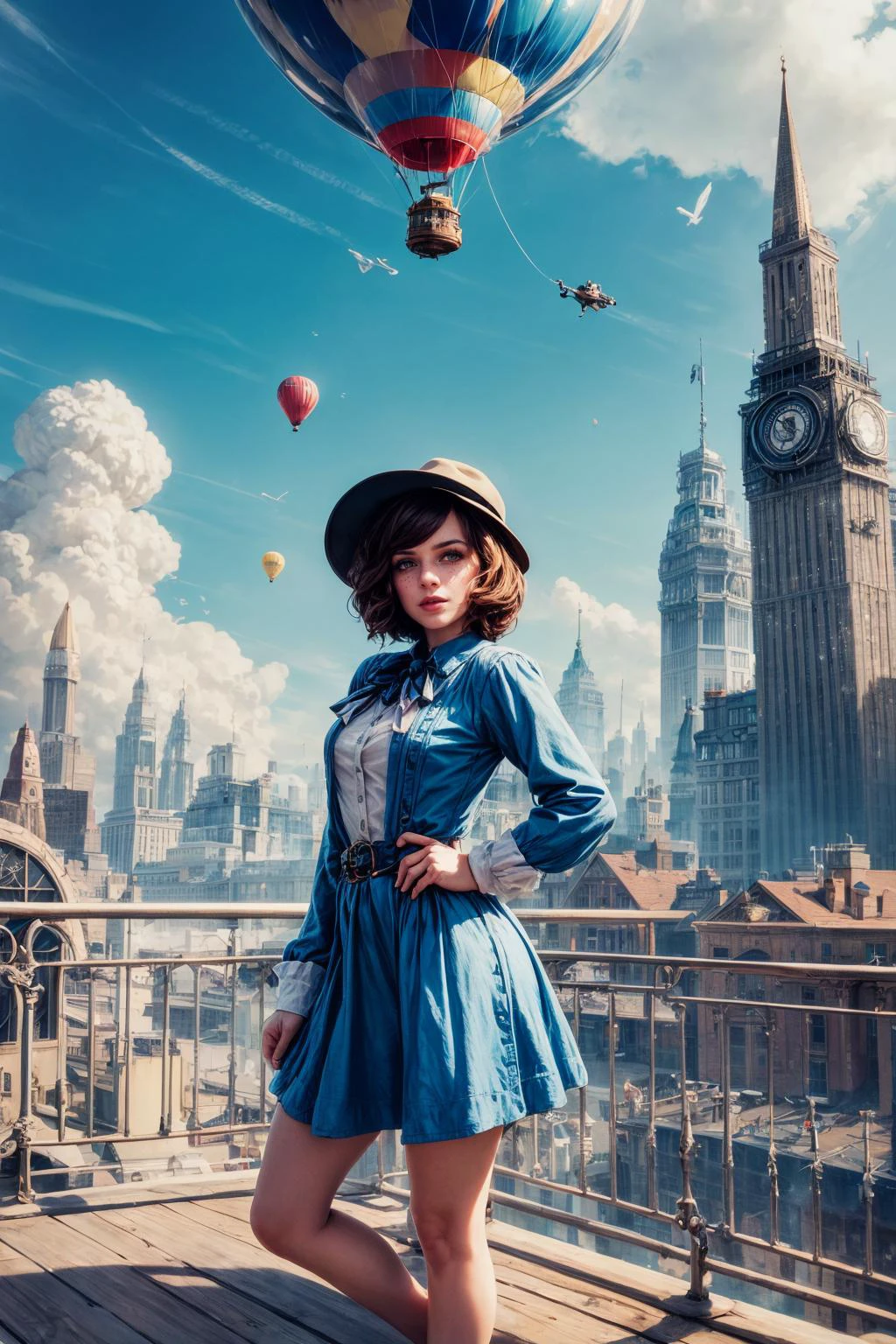<lora:add_detail:1>
1 girl, adult woman, freckles, teal eyes, black wedge cut hair,
(focus on character:1.1), portrait, solo, (full body:0.6), detailed background, detailed face, (bioshock infinite theme:1.1), aristocratic pose, smiling, ruling class, elegant clothing, elegant hat, looking over floating (cloud city:1.1), utopian cloudtop sky-city, floating platforms, floating buildings, tower, balcony, railing, ziplines, propellers, clouds in background, balloon in background, epic atmosphere,
<lora:marker:0.2>,