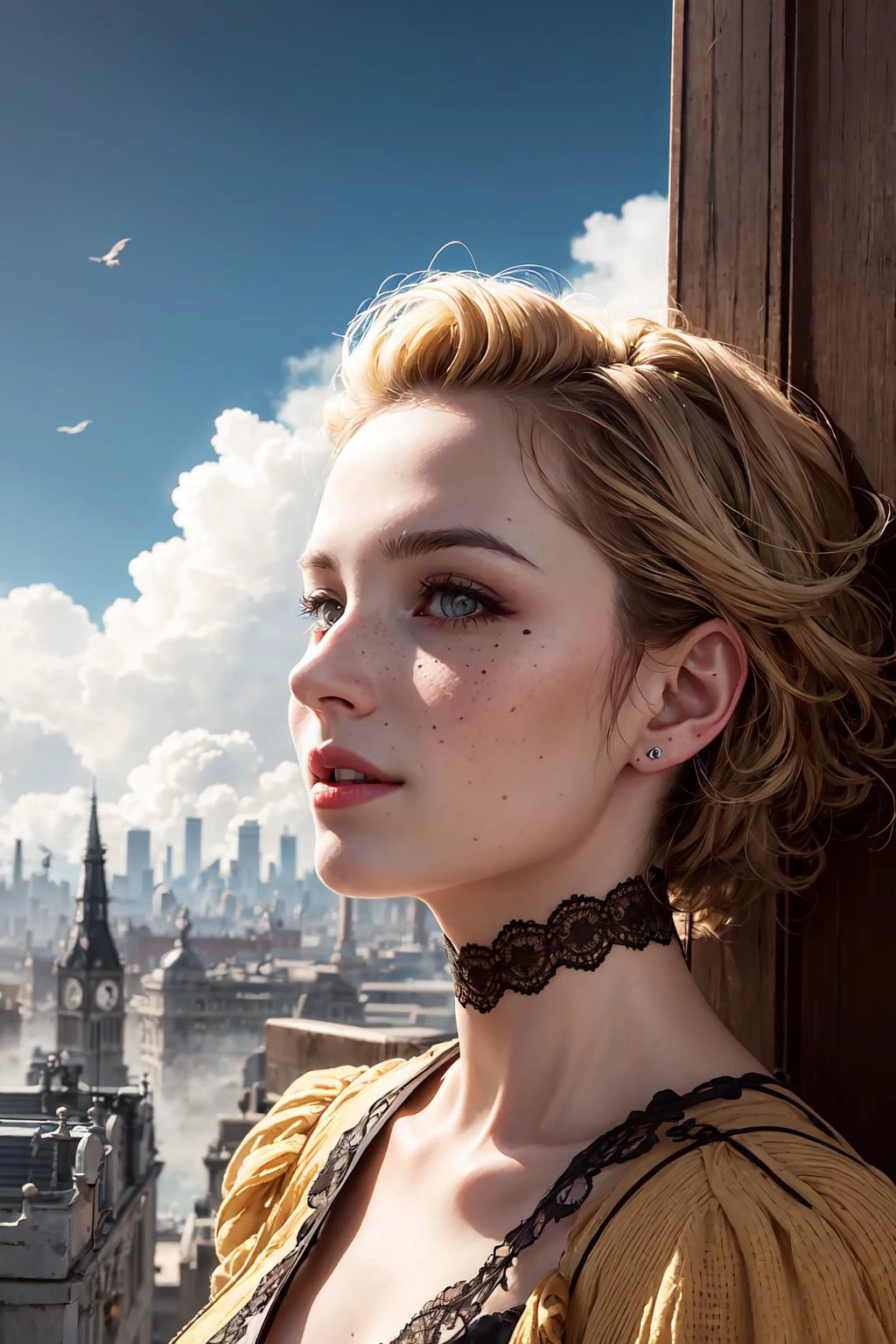 1 girl, adult (elven:0.7) woman, freckles, grey eyes, natural blonde wedge cut hair,
(character focus:1.1), portrait, solo, upper body, detailed background, detailed face, (victorian theme:1.1), aristocratic pose, smiling, ruling class, elegant clothing, looking up at floating (cloud city:1.1), cloudtop sky-city, floating platforms, floating buildings, tower, railing, bridges, clouds in background, wind blowing, epic atmosphere, glowing dark red lights,
<lora:marker:0.2>,