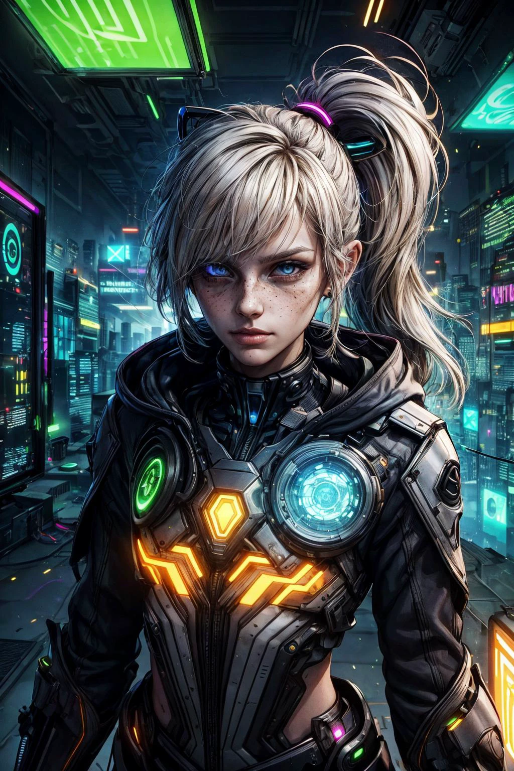 (best quality, masterpiece:1.2), 8k detailed cgi render, thick outlines, strong shadows, <lora:add_detail:0.75>,
1 girl, adult (elven:0.7) woman, freckles, grey eyes, platinum blonde ponytail,
portrait, looking at viewer, solo, half shot, detailed background, detailed face, (<lora:Neonpunkai-8:0.4>, Neonpunkai, neon theme:1.1) high-tech futuristic hacker, advanced technology, hoodie, techwear, head-up display, (holographic display:1.05), unauthorized, encoded text, computer, neural network, screens in background, stealth, dark sinister atmosphere, shadows,
<lora:marker:0.2>,