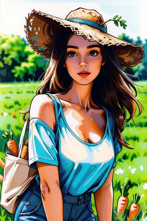 girl,(hotify:1.2) ,girl,suspenders,cleavage,field,crop,farm,brown_hair,hat,carrot between breasts ,(masterpiece,detailed,highres:1.4) <lora:marker:0.6>