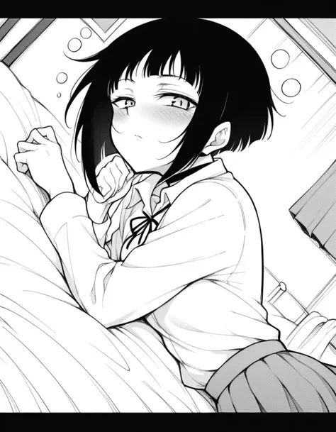 score_9, score_8_up, score_7_up, source_anime,
miyabisenpai, <lora:miyabi-senpai-manga-ponyxl-lora-nochekaiser:1>,
miyabi senpai, short hair, bangs, monochrome, greyscale,
skirt, shirt, long sleeves, ribbon, school uniform, pleated skirt, choker, collared shirt, neck ribbon, black choker,
indoors, bed, bed room, on side, blush, drunk,
looking at viewer, solo, dutch angle, cowboy shot,