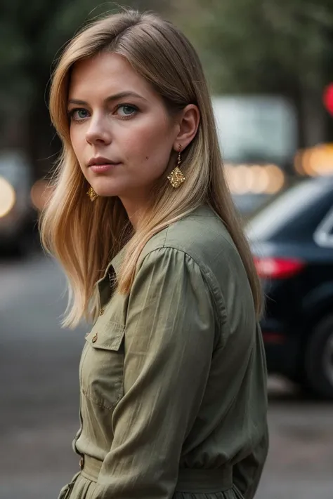 photo of (MerB4xTTXV1C:0.99), a beautiful woman, closeup portrait, perfect hair, (modern photo, Olive Green dress shirt), 24mm, (analog, cinematic, film grain:1.3), (war:1.2), detailed eyes, (seductive pose), (epicPhoto), (((looking at viewer:1.1))), earrings
