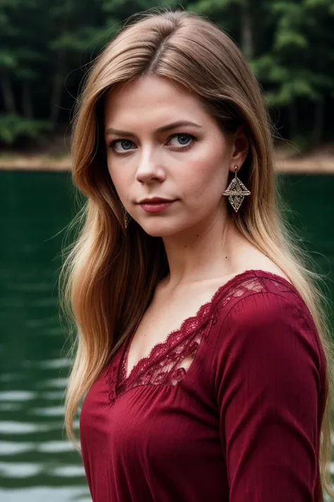 photo of (MerB4xTTXV1C:0.99), a beautiful woman, closeup portrait, perfect hair, (modern photo, Oxblood Red Lace Top, Flared Trousers), 24mm, (analog, cinematic, film grain:1.3), (frozen lakeside:1.2), detailed eyes, (seductive pose), (epicPhoto), (((looking at viewer:1.1))), earrings
