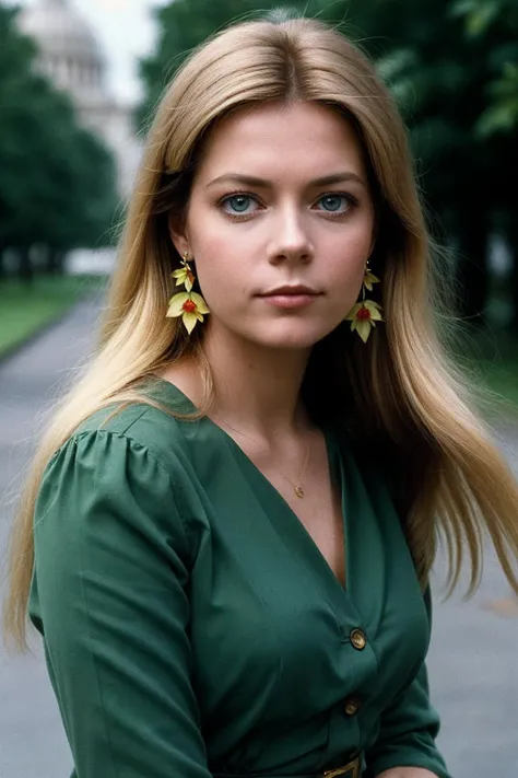 photo of (MerB4xTTXV1C:0.99), a beautiful woman, closeup portrait, perfect hair, (modern photo, Leaf Green flower trim), 24mm, (analog, cinematic, film grain:1.3), (capitol building:1.2), detailed eyes, (seductive pose), (epicPhoto), (((looking at viewer:1.1))), earrings