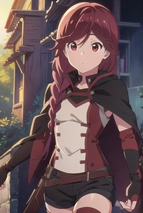 grimgaryume, <lyco:yume-lyco-nochekaiser:1>,
yume, long hair, (red eyes:1.5), braid, red hair, single braid,
BREAK thighhighs, gloves, boots, shorts, elbow gloves, fingerless gloves, cape, black shorts, red thighhighs,
BREAK looking at viewer,
BREAK outdoors,
BREAK <lyco:GoodHands-beta2:1>, (masterpiece:1.2), best quality, high resolution, unity 8k wallpaper, (illustration:0.8), (beautiful detailed eyes:1.6), extremely detailed face, perfect lighting, extremely detailed CG, (perfect hands, perfect anatomy),